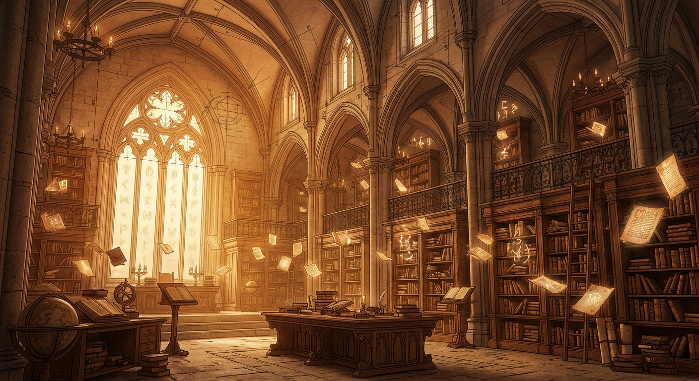 A grand sanctuary library lit by glowing windows, with tables, books, and drifting illuminated pages.
