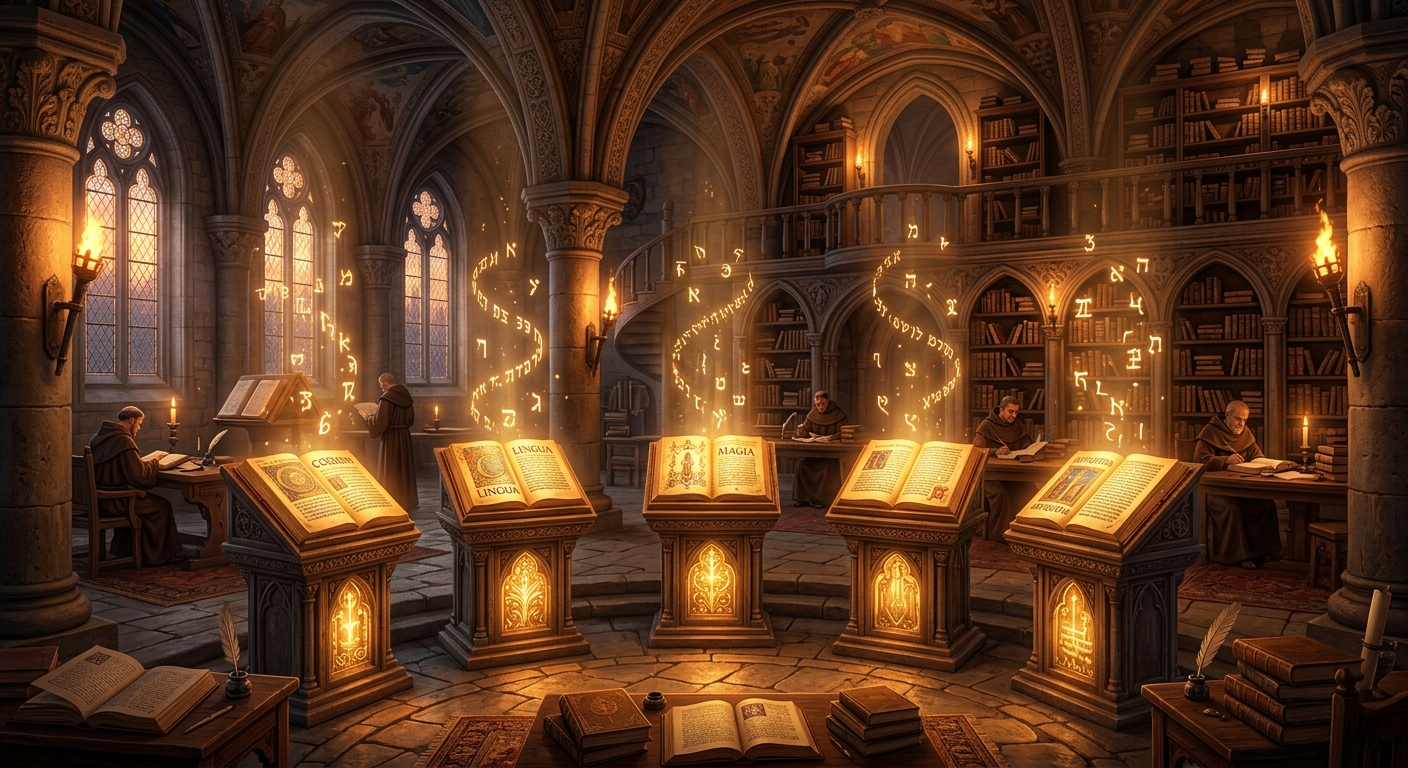 A candlelit sanctum library with a scribe at a desk and luminous glyphs suspended in the air.