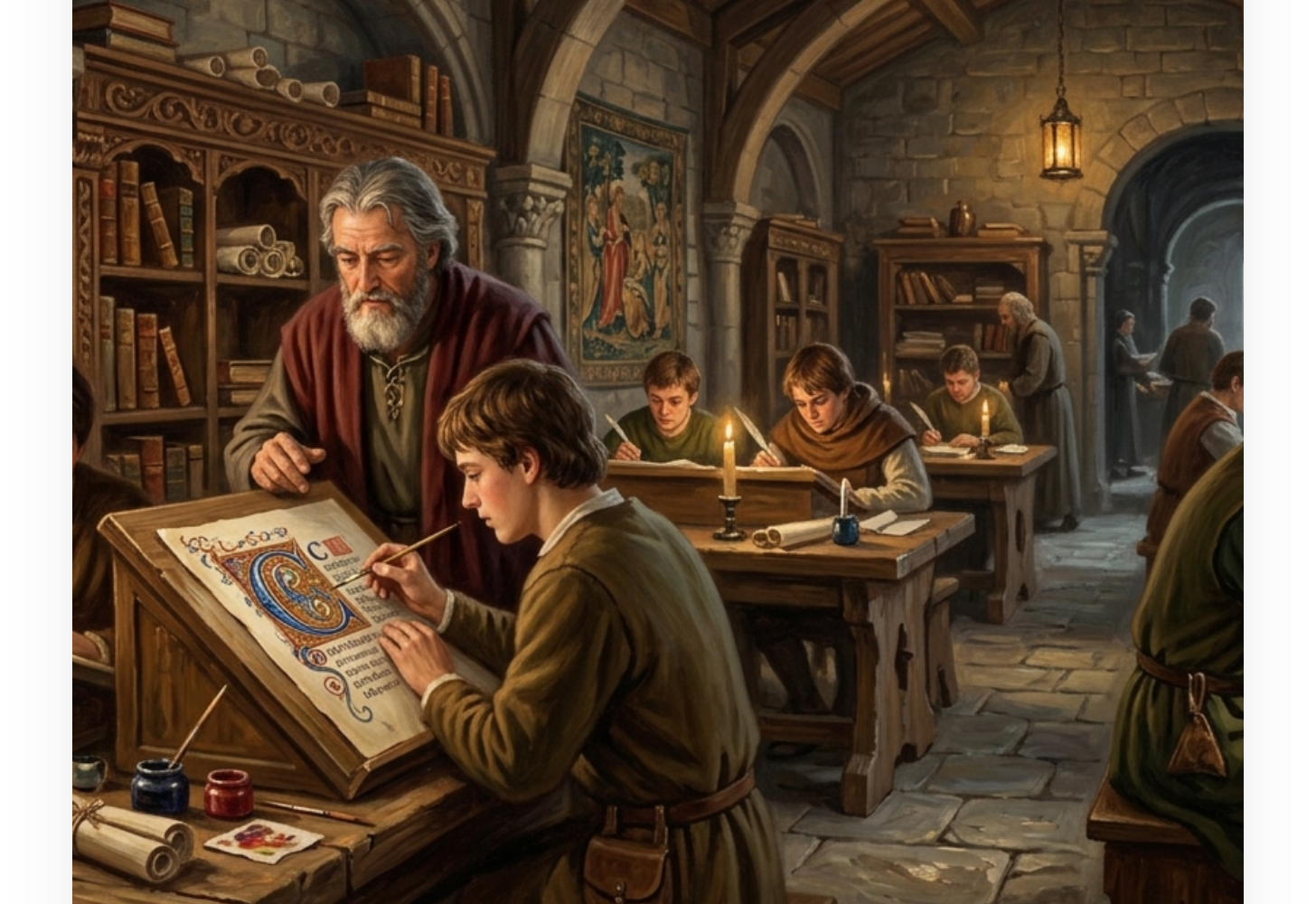 A scriptorium where a master illuminator guides an apprentice over an open manuscript while other scholars work at lamplit desks.